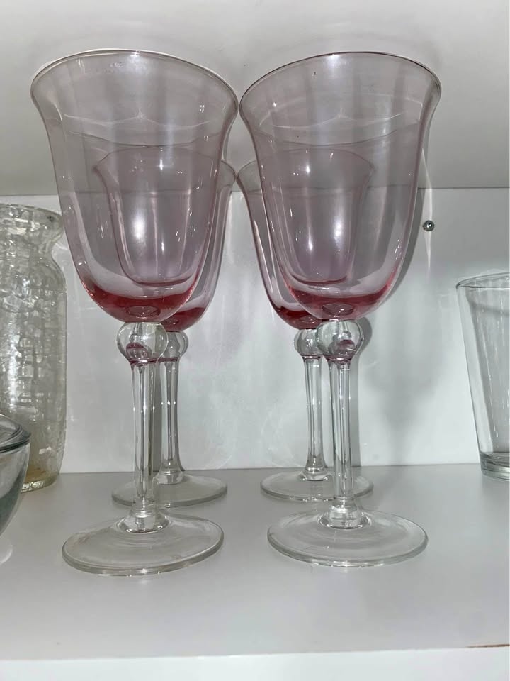 Pink Crystal Romania Wine Glass Goblets - Set of 4