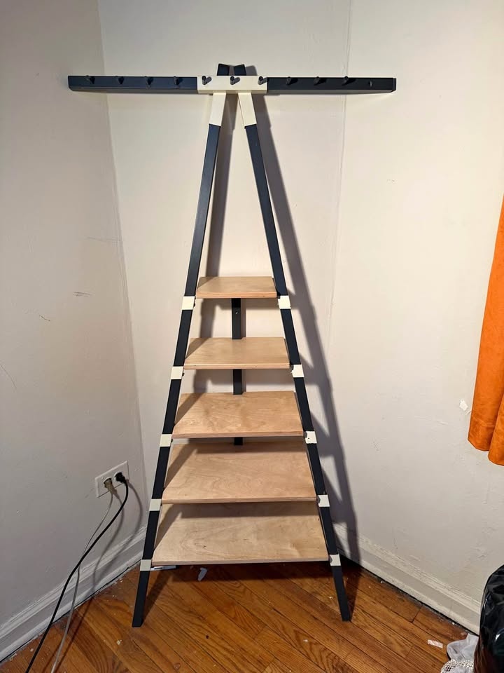 Ladder Shelf w/ Coat Rack & Hooks – Entryway Storage