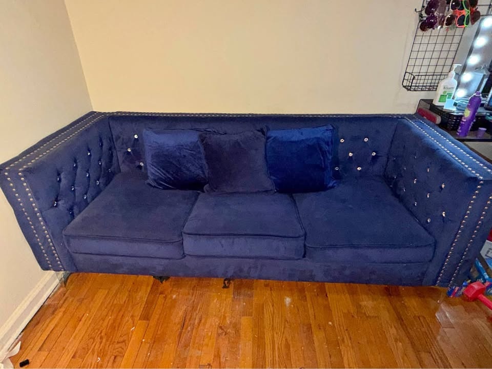 Navy Blue Velvet Tufted Sofa w/ Nailhead Trim - photo 2