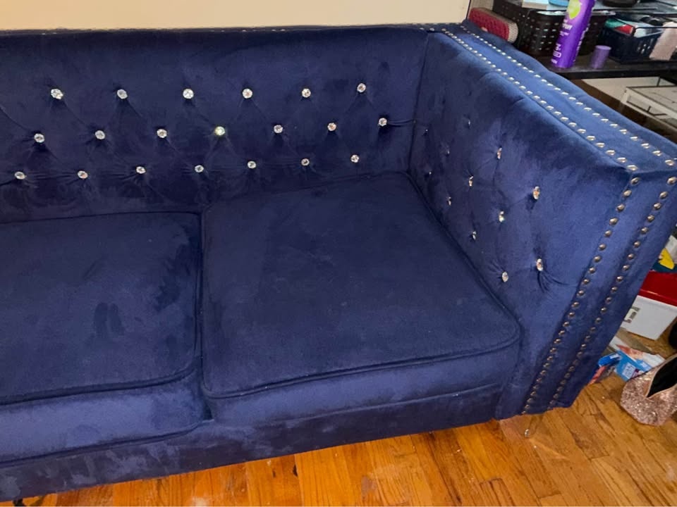 Navy Blue Velvet Tufted Sofa w/ Nailhead Trim - photo 3