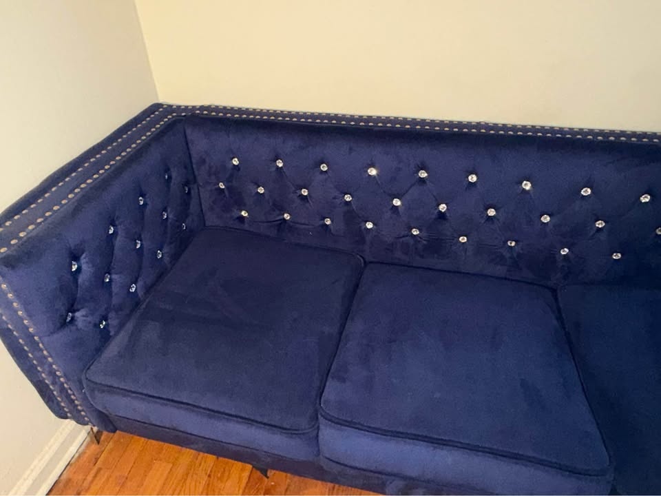 Navy Blue Velvet Tufted Sofa w/ Nailhead Trim - photo 4