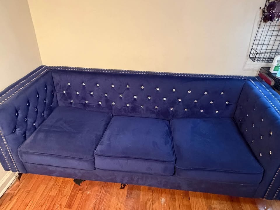 Navy Blue Velvet Tufted Sofa w/ Nailhead Trim