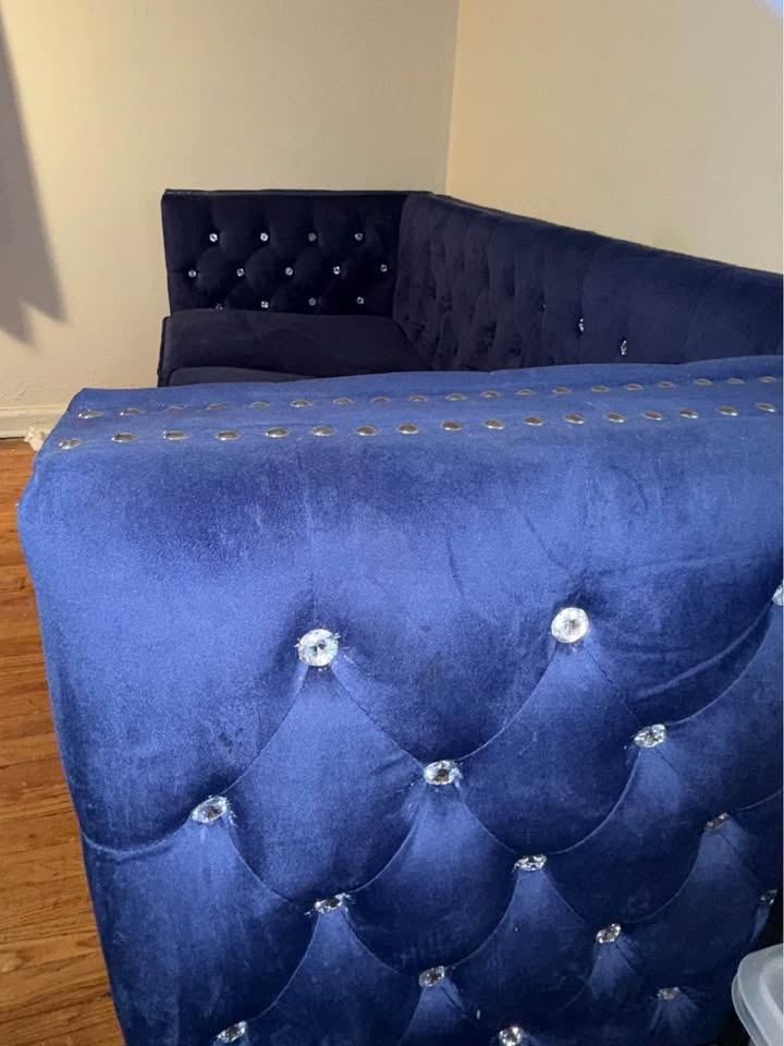 Navy Blue Velvet Tufted Sofa w/ Nailhead Trim - photo 5