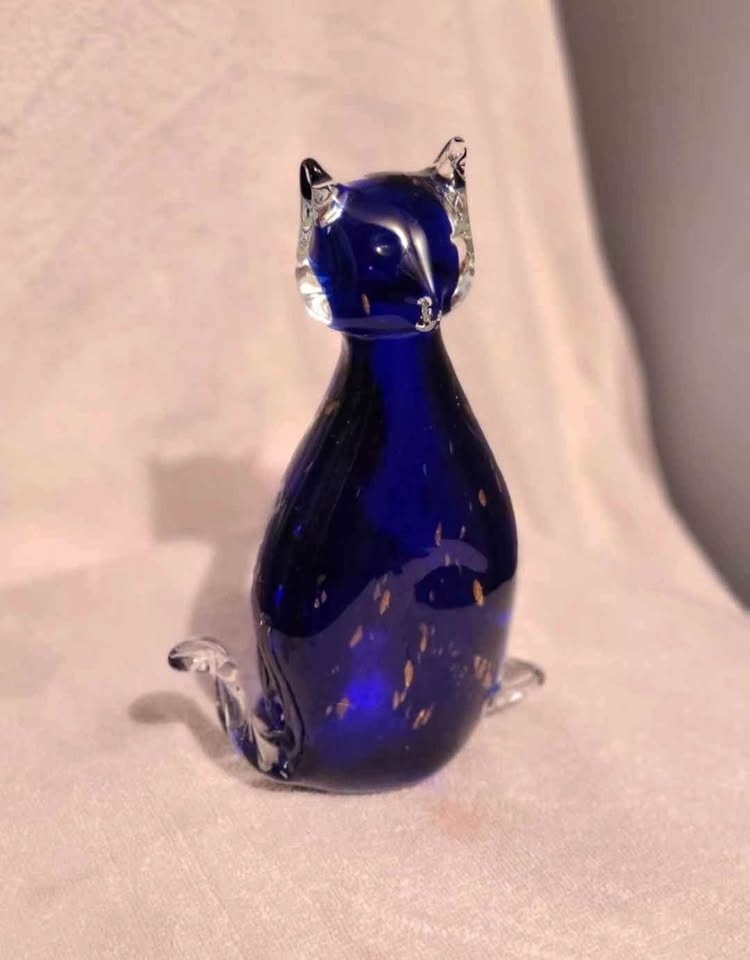 Crystal Cat Decoration, Blue with Gold Flakes