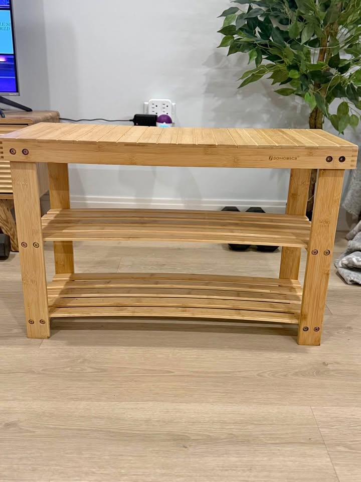 MOVING SALE light wooden entry way bench with shoe rack storage