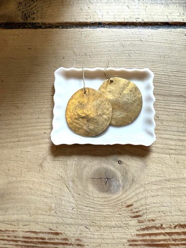 Vintage Bronze Hammered Brass Disc Dangle Drop Earrings