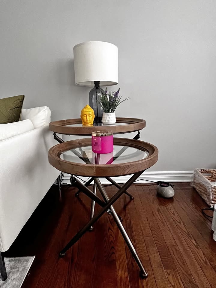 Set of 2 Matching Nesting Round Side Tables – Glass & Wood