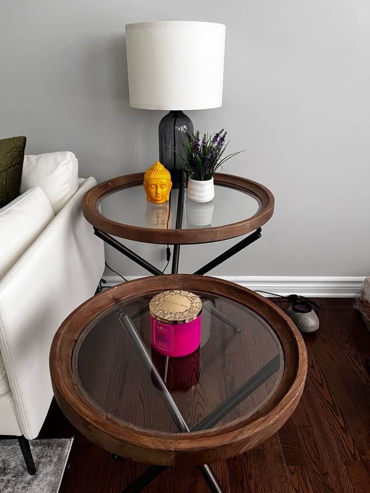 Set of 2 Matching Nesting Round Side Tables – Glass & Wood - photo 4