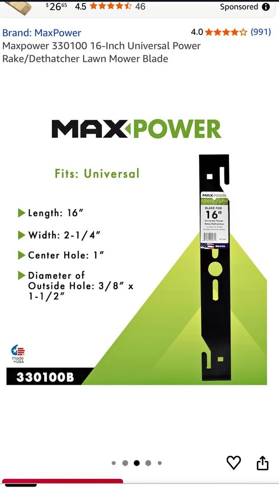 Max Power 16" Universal Power Rake Dethatcher Lawn Mower Blade