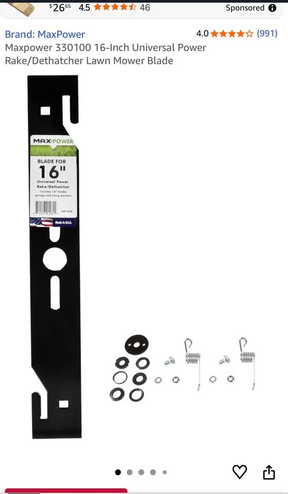 Max Power 16" Universal Power Rake Dethatcher Lawn Mower Blade - photo 2