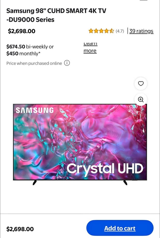 Samsung 98” DU9000 Series 4K UHD Smart TV – Huge Screen – $799
