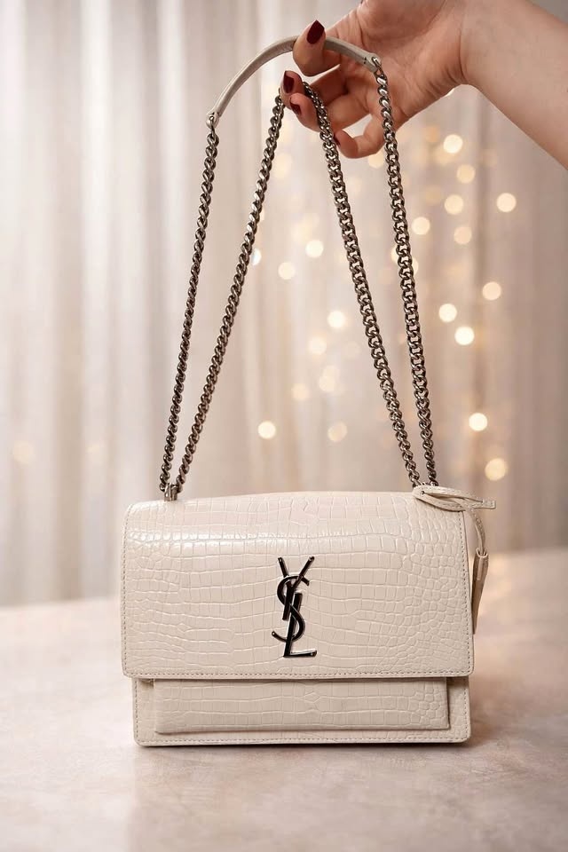 YSL Sunset Medium Bag - Croc-Embossed (Crema/Beige)