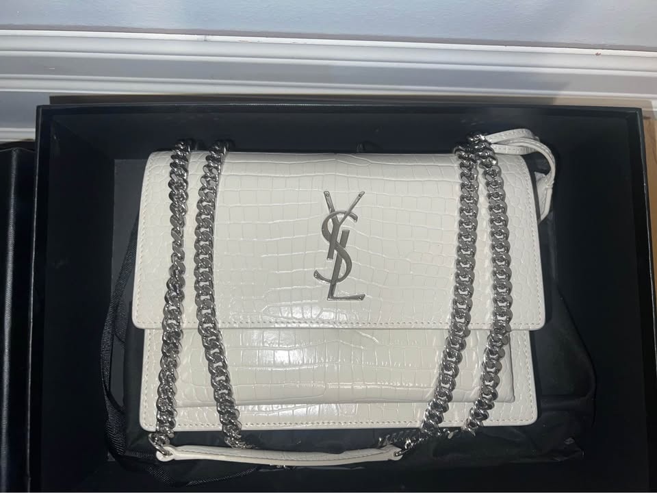 YSL Sunset Medium Bag - Croc-Embossed (Crema/Beige) - photo 3