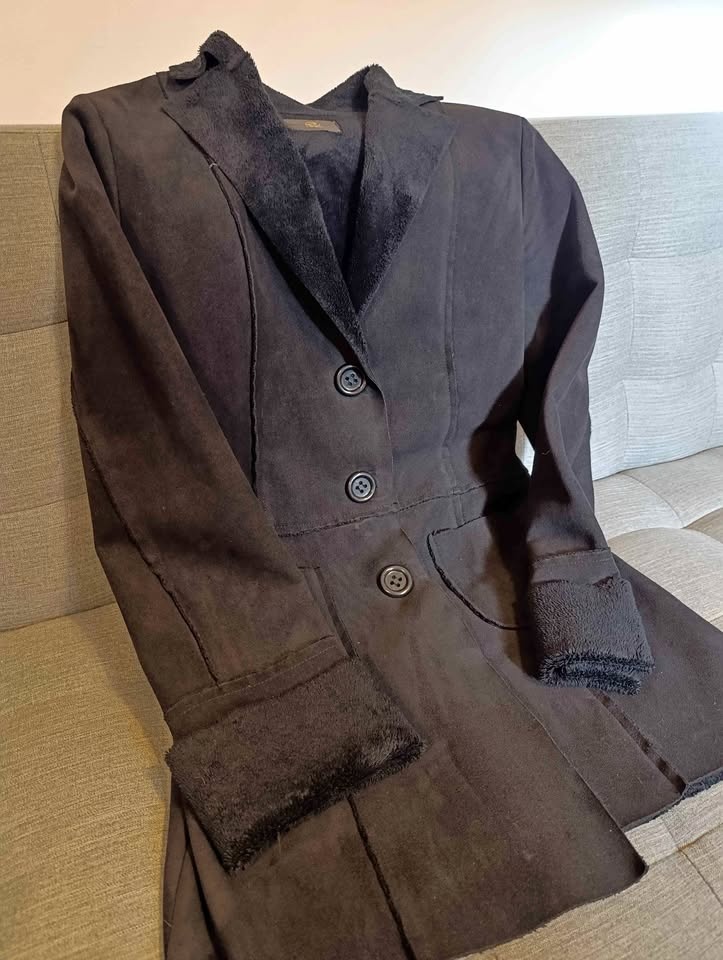 Black suede coat with sherpa lining