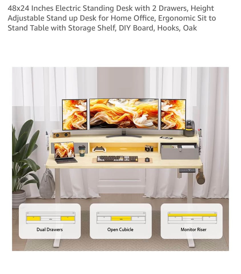 48x24 Electric Standing Desk w/ Drawers & Monitor Shelf (Oak) - photo 3