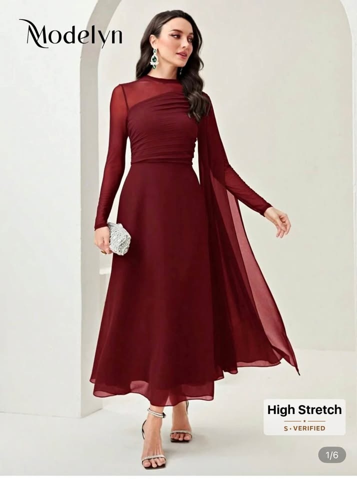US 6 Modelyn Burgundy Ruched Mesh Evening Dress - Long Sleeve (N