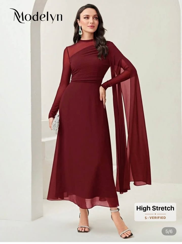 US 6 Modelyn Burgundy Ruched Mesh Evening Dress - Long Sleeve (N - photo 2
