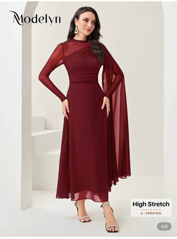 US 6 Modelyn Burgundy Ruched Mesh Evening Dress - Long Sleeve (N - photo 3