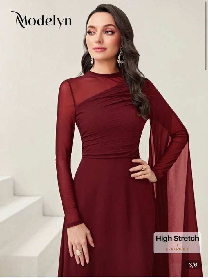 US 6 Modelyn Burgundy Ruched Mesh Evening Dress - Long Sleeve (N - photo 4