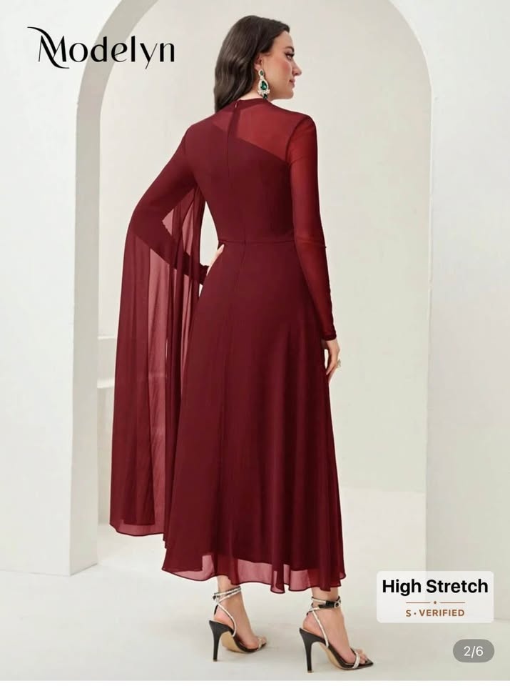 US 6 Modelyn Burgundy Ruched Mesh Evening Dress - Long Sleeve (N - photo 5