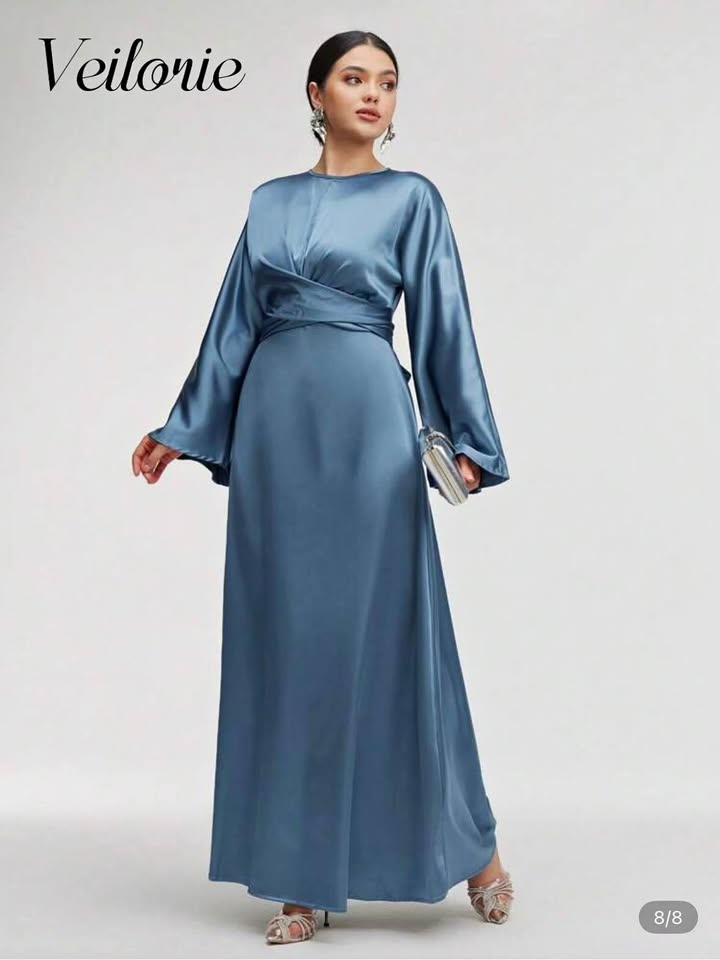 Veilorie Satin Blue Wrap Maxi Dress - Long Sleeve (US 4)