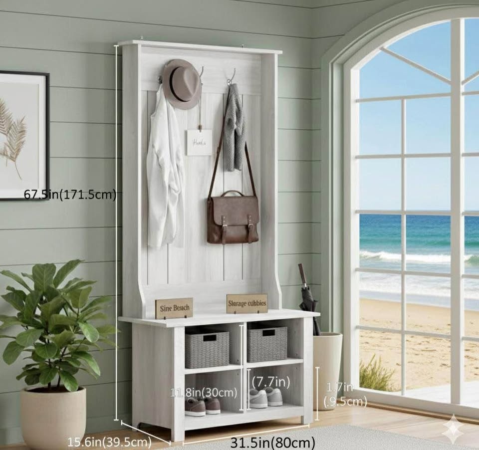 New Entryway Hall Tree with Bench and Shoe Storage - Coastal Whi