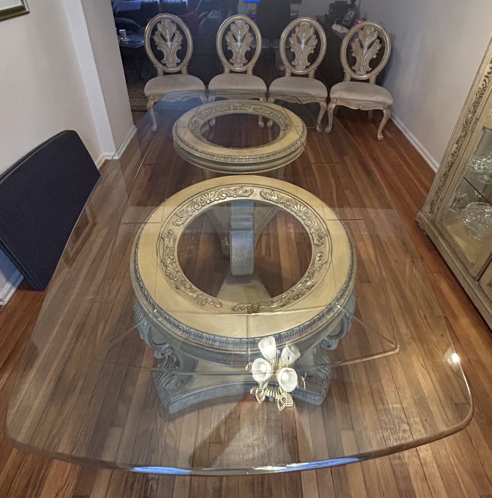 Gorgeous beveled glass top dining set with 2 ornate carved wood - photo 2