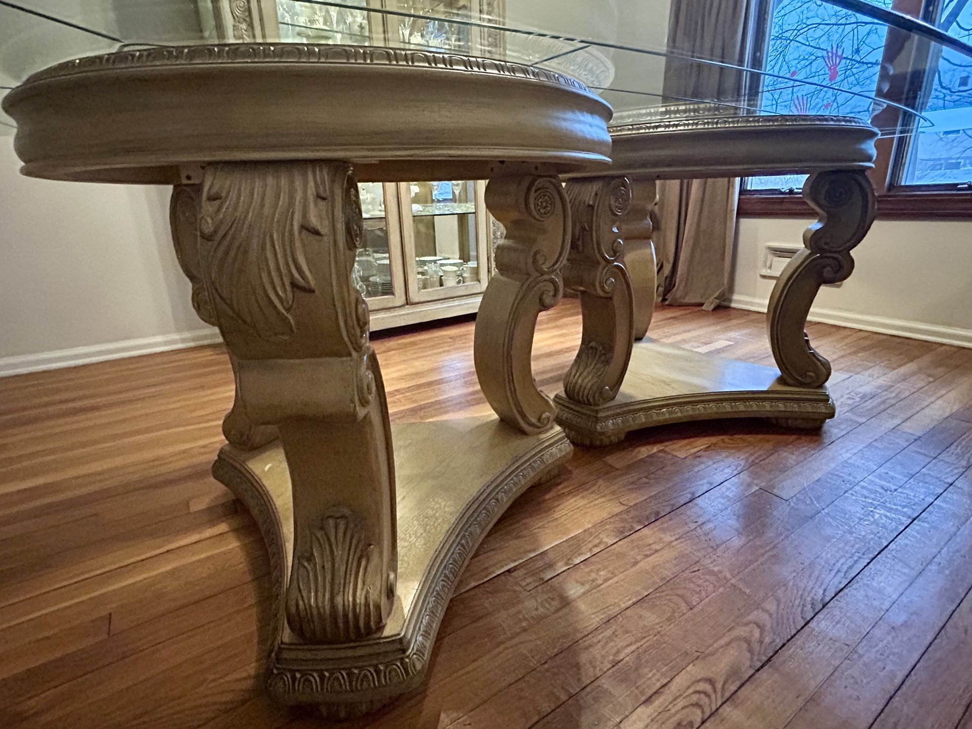 Gorgeous beveled glass top dining set with 2 ornate carved wood - photo 3