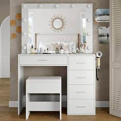 New✨ Vanity White Table — 5 Drawers, LED Mirror & Charging Stati