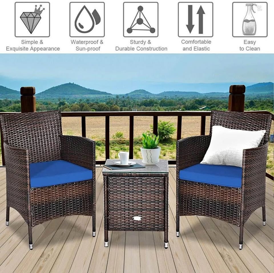 3 Pcs Patio Furniture Set Outdoor Wicker Rattan Set, Navy