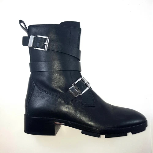 Alexander Wang Black Leather Metal Buckle Booties Boots 37 7B