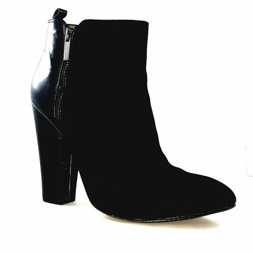 HALOGEN Women's Black Leather Suede Ankle Zip Block Heel Boots S