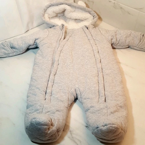 F&F Baby Bunting Playsuit 3 Months Gray White Faux Fur Hood