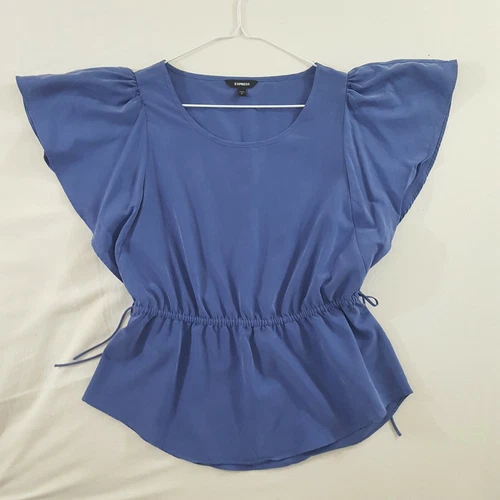 EXPRESS Womens Blue Batwing Sleeves Blouse Drawstring Waist Size - photo 5