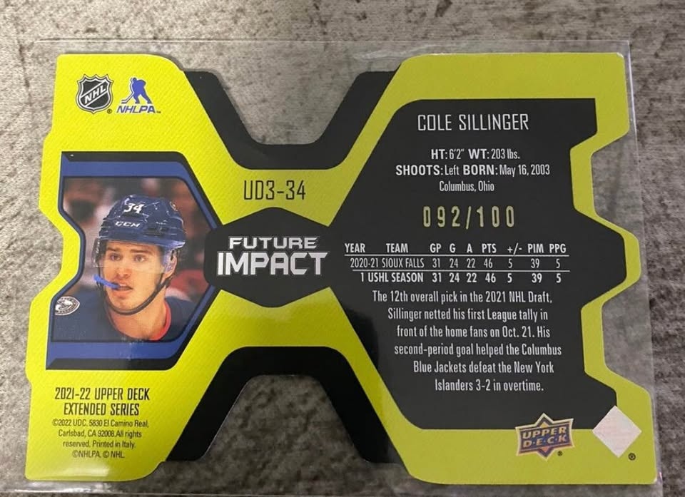 2021-22 Cole Sillinger Future Impact Gold UD3 /100 - Blue Jacket - photo 2