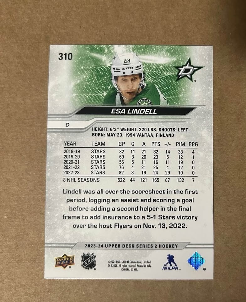 2023-24 Upper Deck Series 2 Esa Lindell Deluxe /250 - photo 3