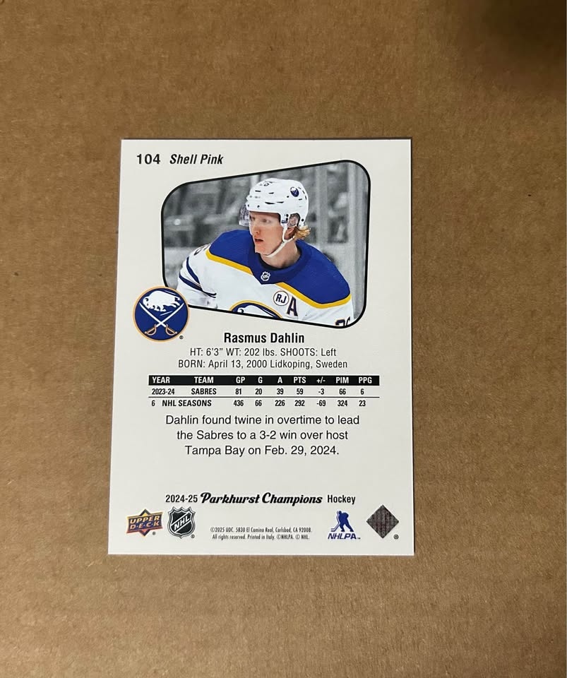 2024-25 Parkhurst Rasmus Dahlin Shell Pink /99 - Sabres - photo 2