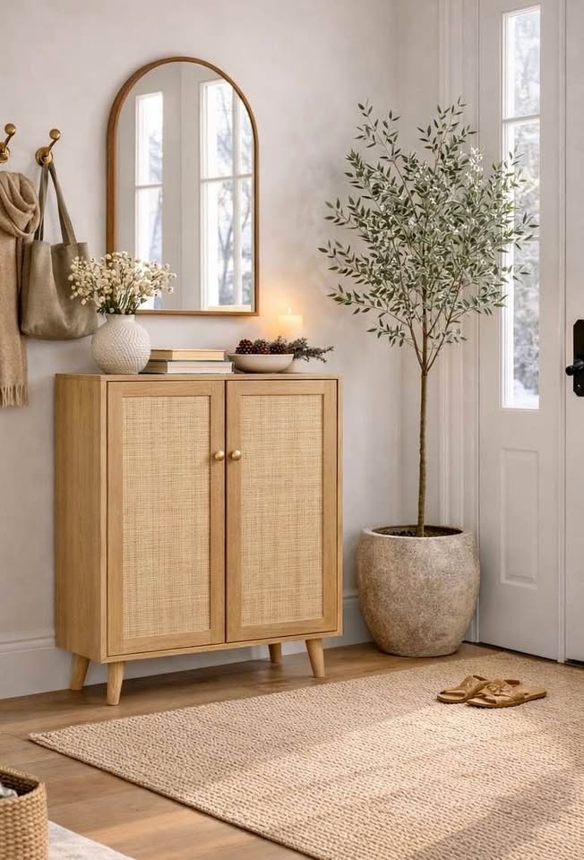 Bohemian Rattan Storage Cabinet - Cane Door - Brand New