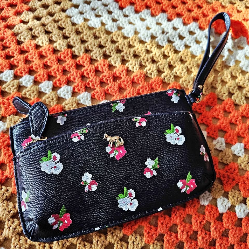 Emma Fox Floral Black Faux Leather Wristlet Clutch Bag