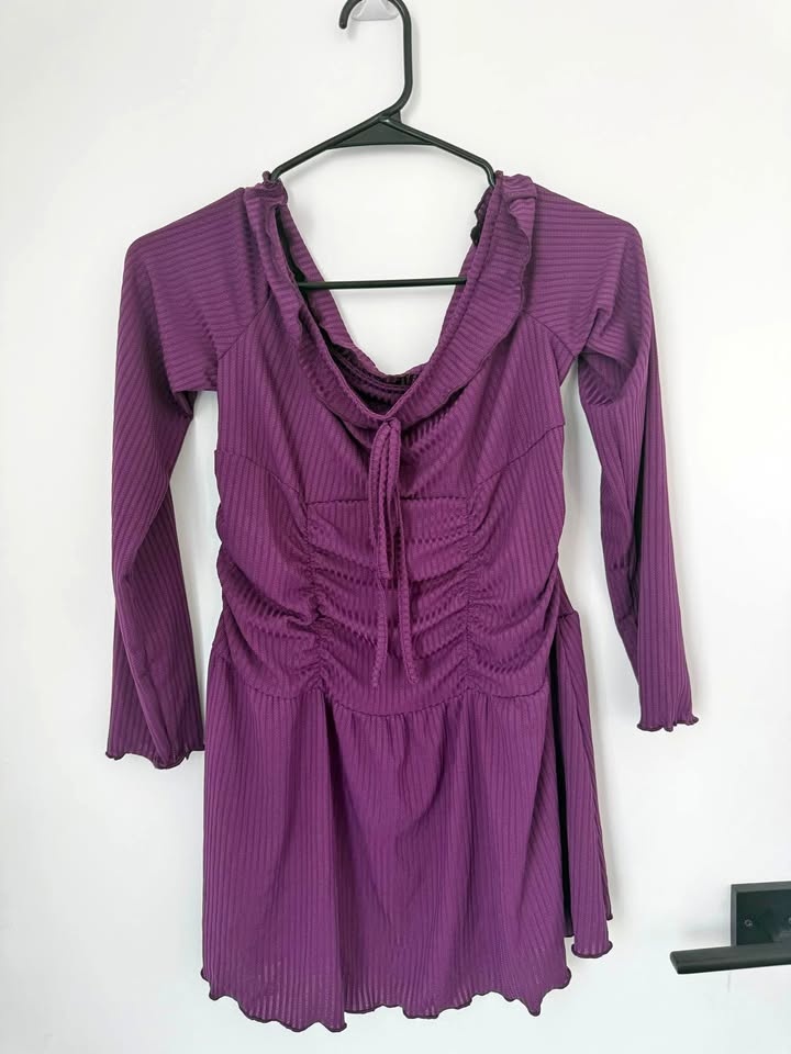 Purple Ribbed Ruched Long Sleeve Dress