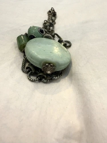 Art Deco-Style Necklace W/Green Glass And Faux Jade Bead On A Si - photo 3