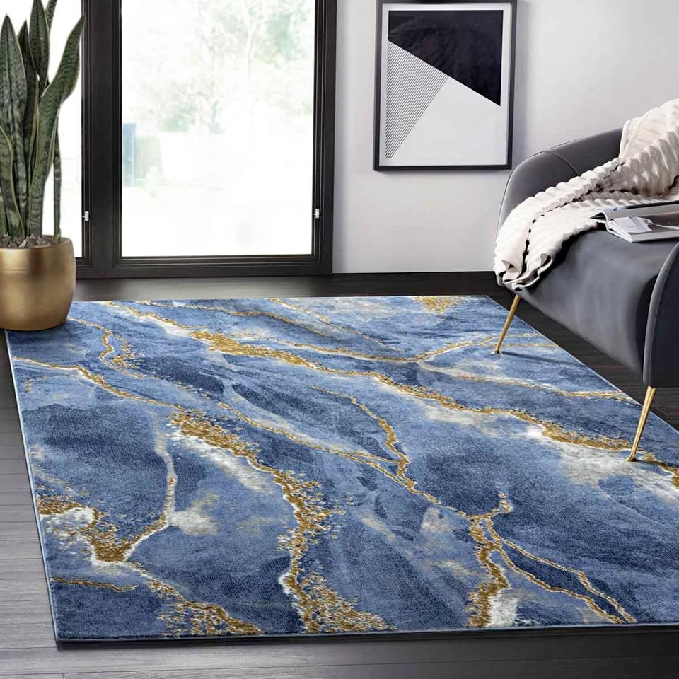 5x7 Jasperd Abstract Polypropylene Rug in Blue/Gold