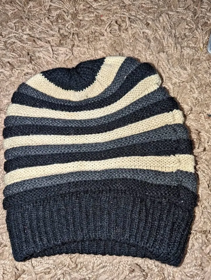 Black & Beige Striped Knit Beanie for Women thumbnail