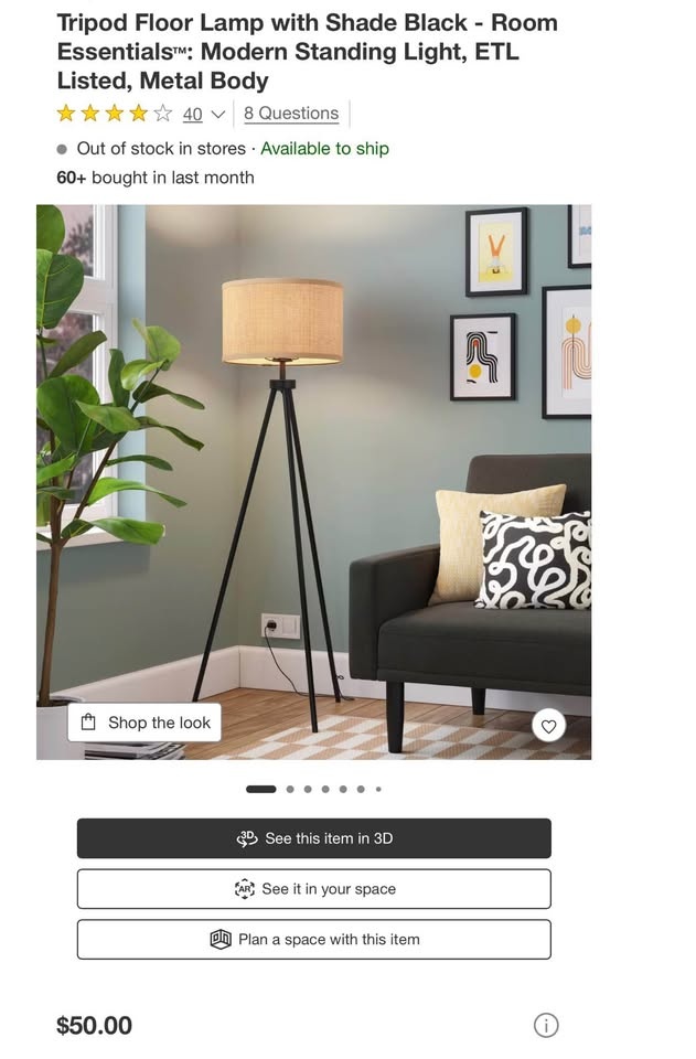 Tripod Floor Lamp with Shade Black - Room Essentials - photo 3