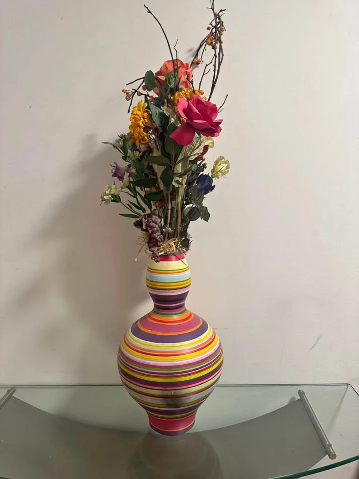 Colorful Striped Vase with Faux Floral Arrangement thumbnail