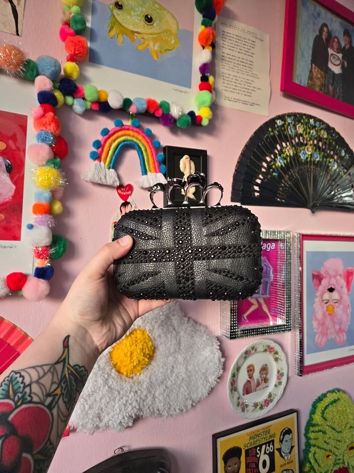 Black Jewelled Union Jack Clutch with Skull Ring Handle