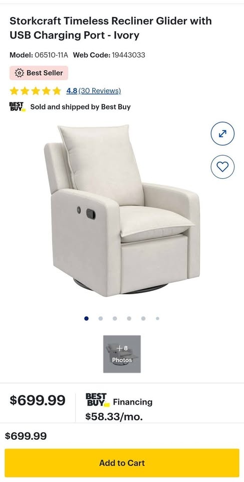 New Storkcraft Timeless Recliner Glider w/ USB - Ivory - photo 2