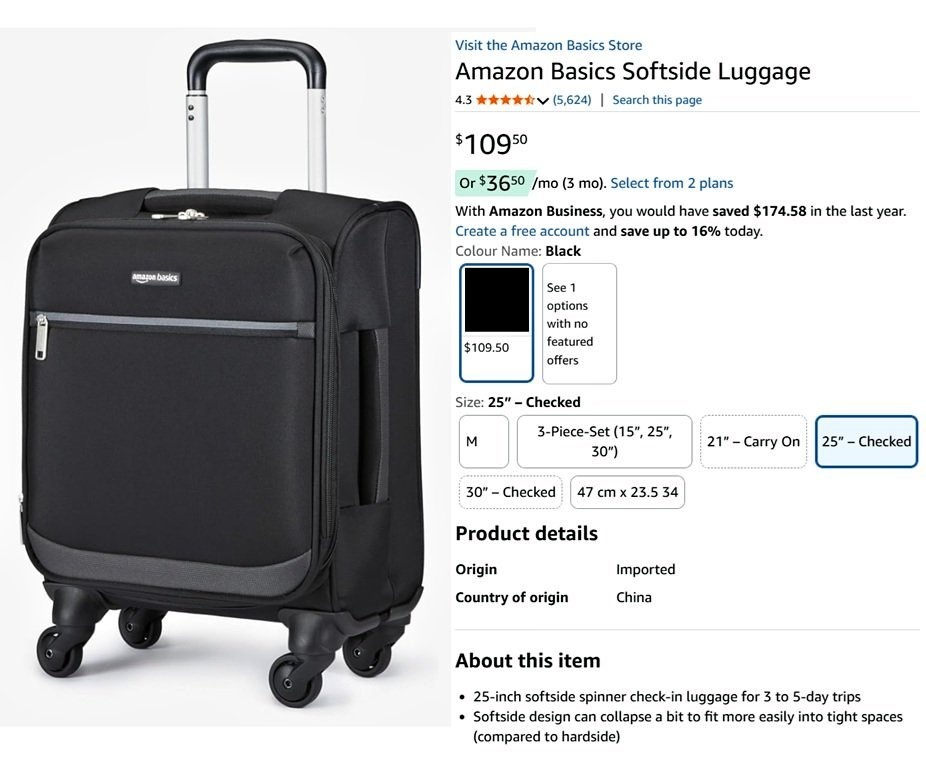 Amazon Basics 25" Softside Spinner Suitcase