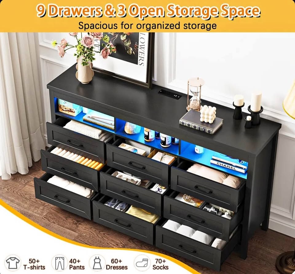 63” 9-Drawer Dresser / TV Stand with LED Lights & Charging Stati