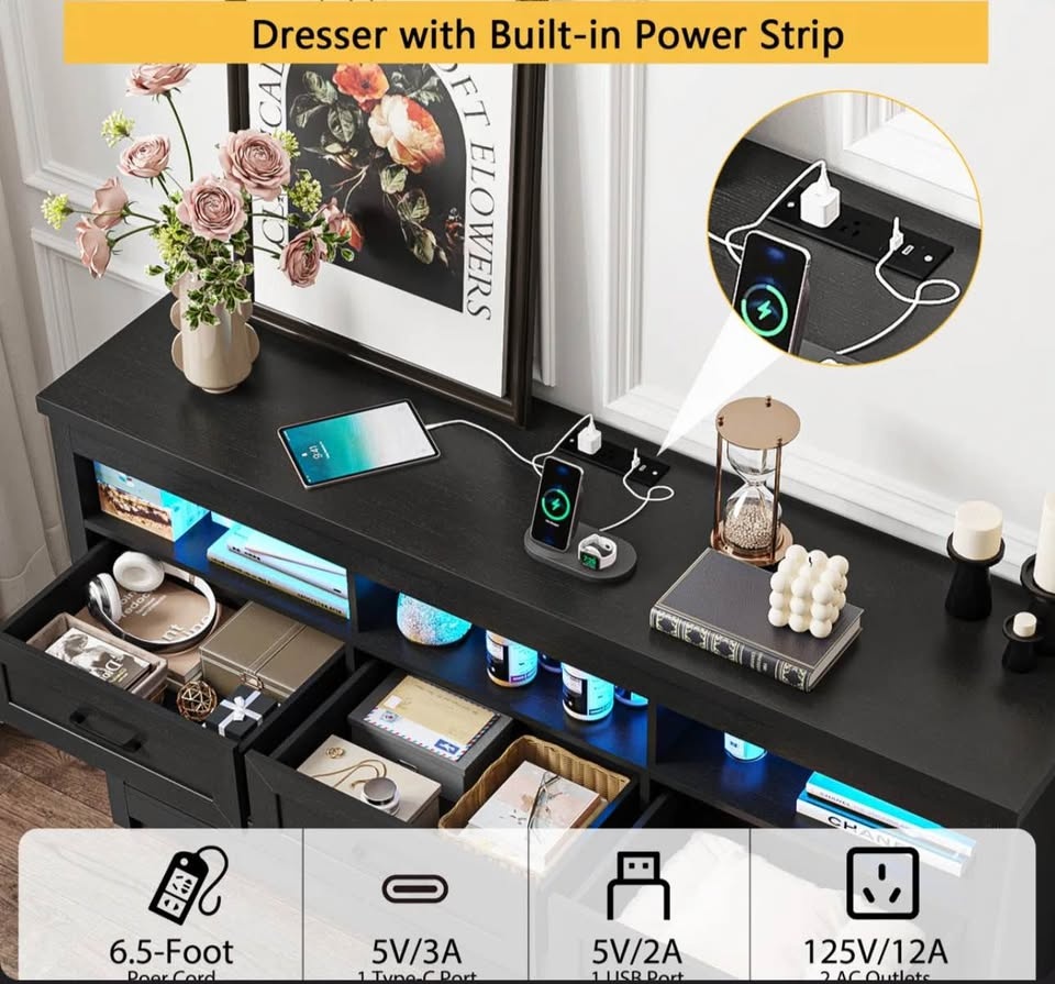 63” 9-Drawer Dresser / TV Stand with LED Lights & Charging Stati - photo 2